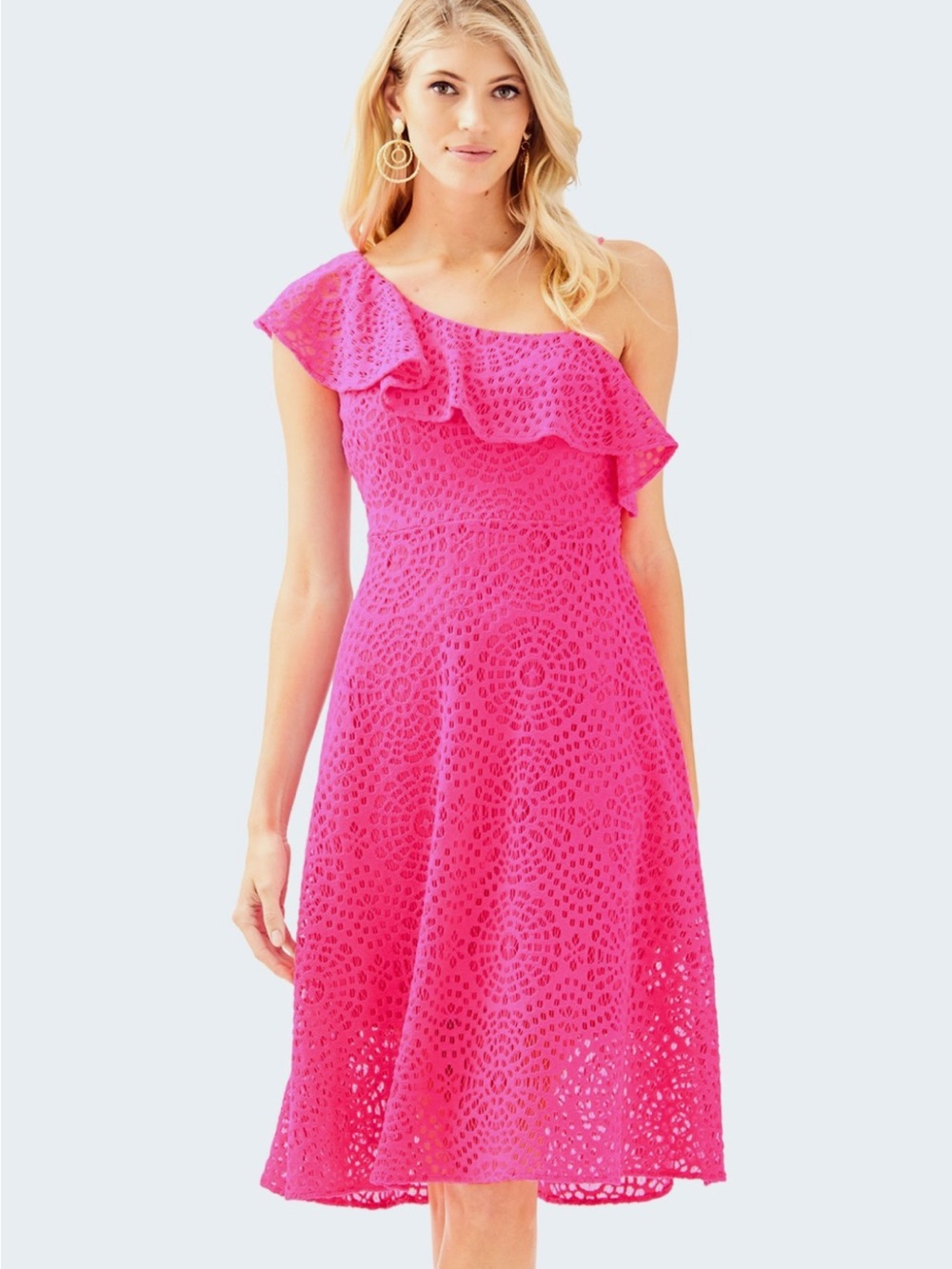 Lilly Pulitzer One-Shoulder Ruffle Lace Dress in Hot Pink